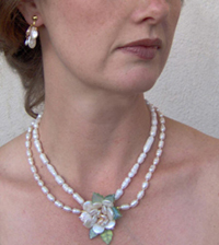 Figurative sculpural Freshwater Pearl Necklace in form of a realistic flower